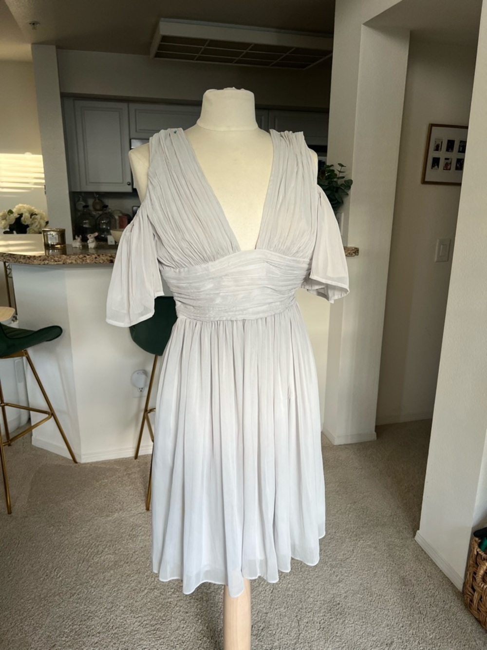 French Connection Light Gray One-Shoulder Pleated Chiffon Dress